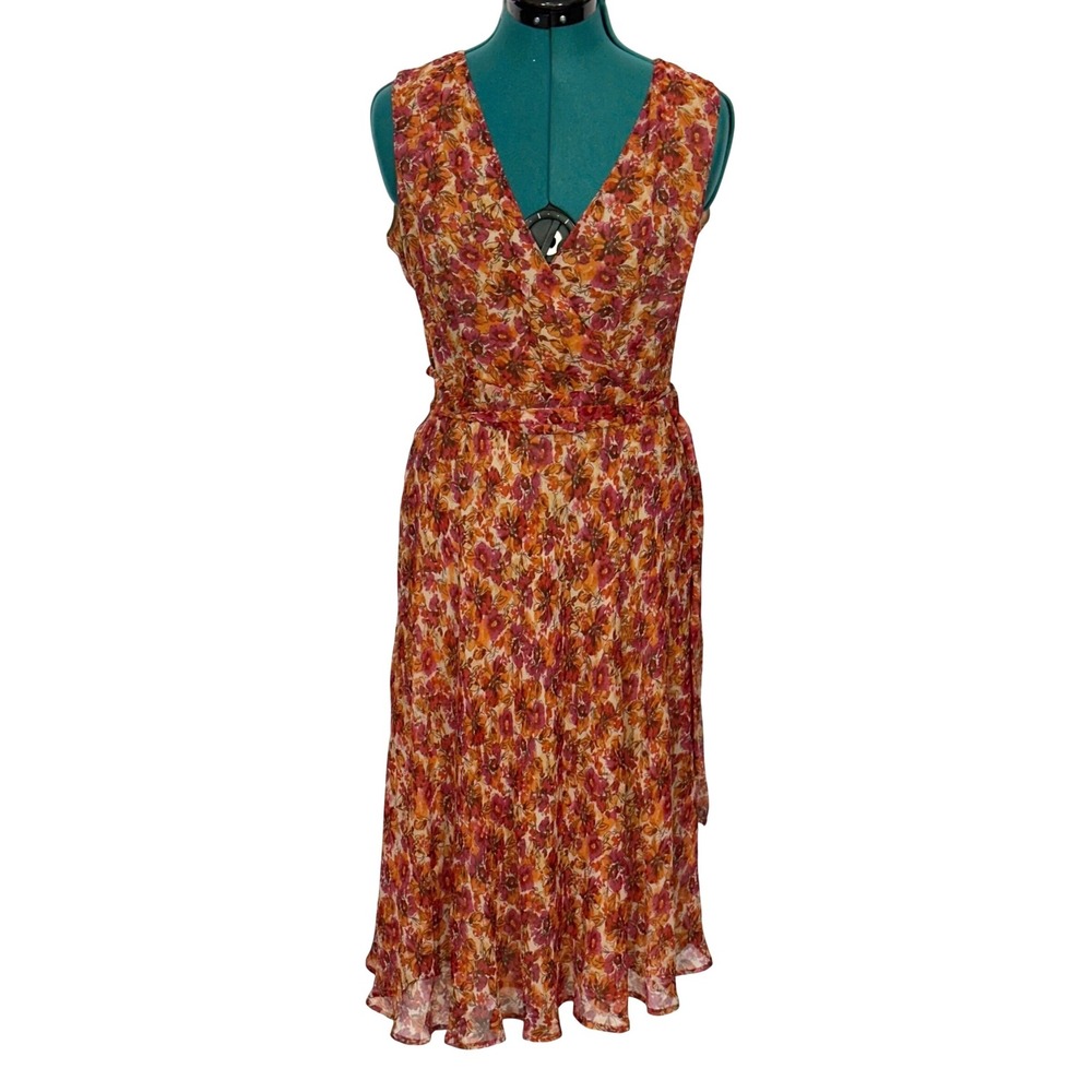 Sundance Silk Floral‎ Faux Wrap Midi Dress 8 Orange Red Boho Sleeveless Chiffon